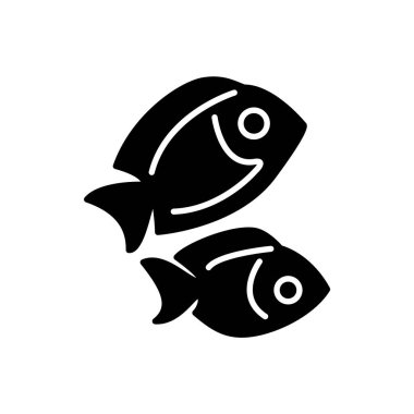 İki balık kabartma simgesi. Maldivler deniz ürünleri ve dalış. Tropik tatil köyü. Siyah doldurulmuş sembol. İzole vektör stok illüstrasyonu