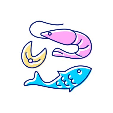 Deniz ürünleri yassı ikonu. Karides, balık ve balık bifteği Tayvan yemeği. Doğulu geleneği. Asya malı. Renk dolu sembol. İzole vektör stok illüstrasyonu