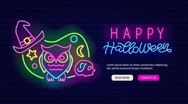 Boldog Halloween Neon Szórólapot Előléptetést Bagoly Boszorkány Kalap Éjszakai Jelzőtábla — Stock Vector