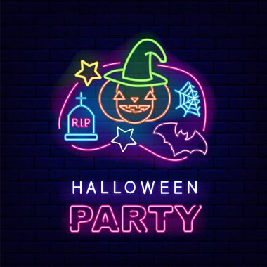 Yarasa ve örümcek ağlı cadı iksiri kazanı. Mutlu Cadılar Bayramı tabelası. Gece lambası tabelası. Dış ışıldayan efekt afişi. Düzenlenebilir felç. İzole vektör stok illüstrasyonu