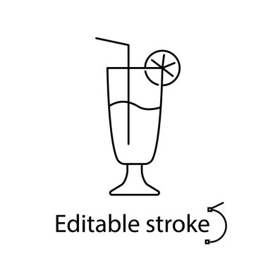 Limon dilimi ve saman taslak ikonlu kokteyl. Maldivler barı. Tropik bir içecek. Özelleştirilebilir doğrusal kontur sembolü. Düzenlenebilir felç. İzole vektör stok illüstrasyonu