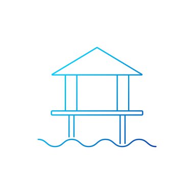 Su Bungalovu ana hatları simgesi. Maldivler cazibesi. Mercan adası. Tropik tatil köyü. Mavi gradyan sembolü. İzole vektör stok illüstrasyonu