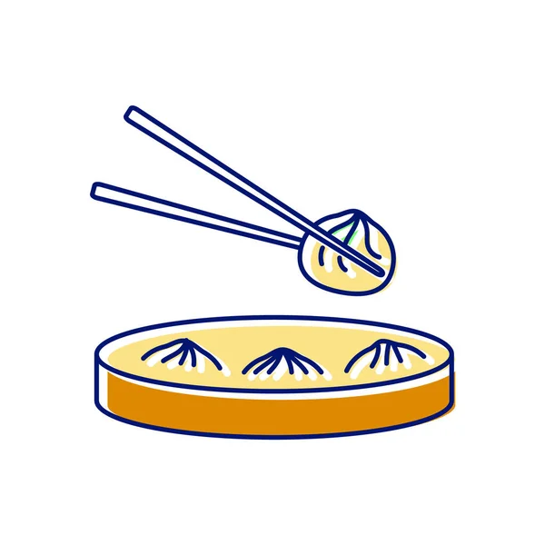 Albóndigas Sopa Icono Plano Cesta Bambú Vapor Xiao Long Cocina — Vector de stock