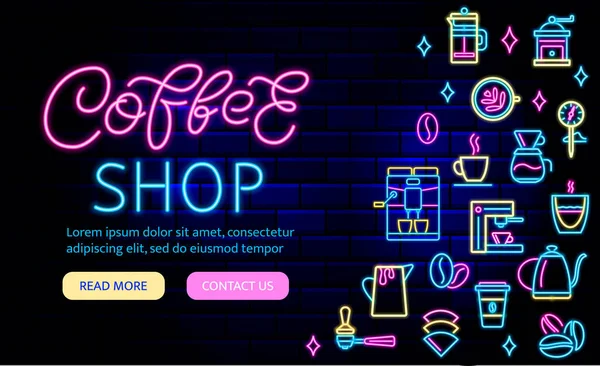 Café Banner Neon Loja Para Web Site Folheto Brilhante Máquina — Vetor de Stock