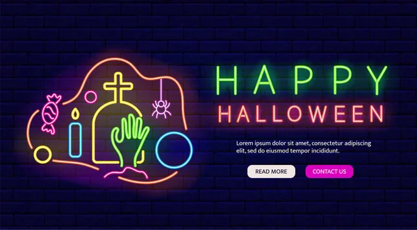 Zombie Mão Cemitério Neon Web Site Feliz Folheto Halloween Sinalização — Vetor de Stock