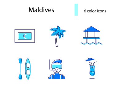 Maldivler çekim alanı ana hatları simgeler ayarlandı. Hindistan cevizi içeceği ve deniz uçağı. Avuç içi ve bayrak. Tropik tatil köyü. Renk dolu semboller koleksiyonu. İzole vektör stok illüstrasyonu