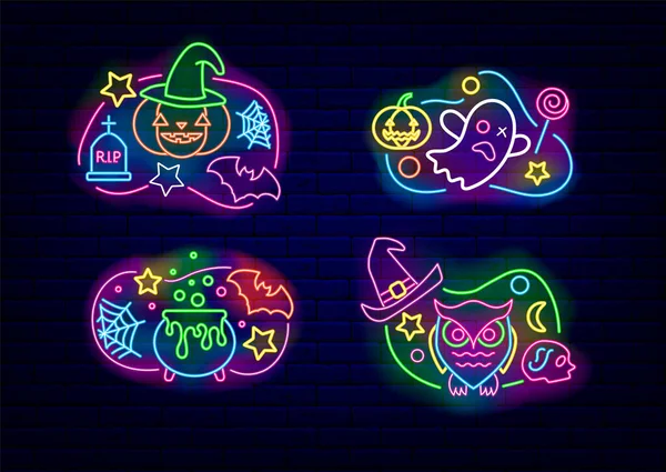 Felice Collezione Icone Neon Halloween Cartello Luminoso Notte Esterno Banner — Vettoriale Stock