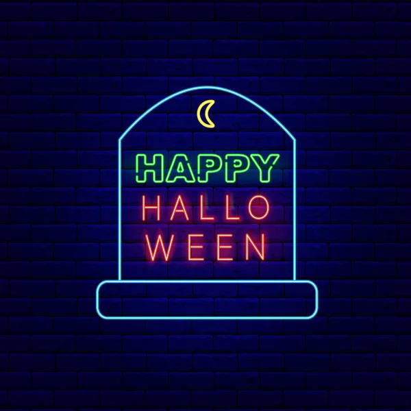 Lápida Con Feliz Halloween Signo Neón Texto Letrero Luminoso Nocturno — Vector de stock