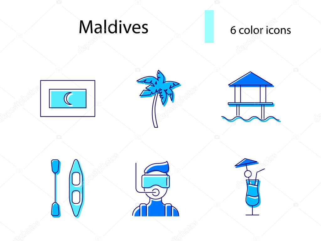 Maldives attractions outline icons set. Coconut drink and seaplane. Palm and flag. Tropical resort. Color filled symbols collection. Isolated vector stock illustration