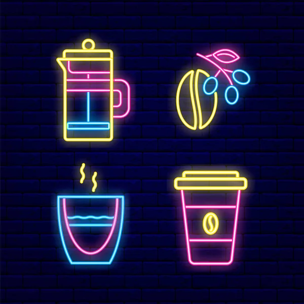 Französische Presse Und Kaffeebohnen Neon Light Icon Set Coffee Und — Stockvektor