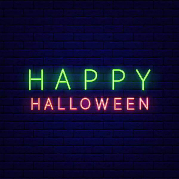 Счастливого неонового знака Хэллоуина. Поздравительная открытка. Ночь яркая вывеска. Флаг внешнего светящегося эффекта. Редактируемый удар. Изолированная векторная иллюстрация