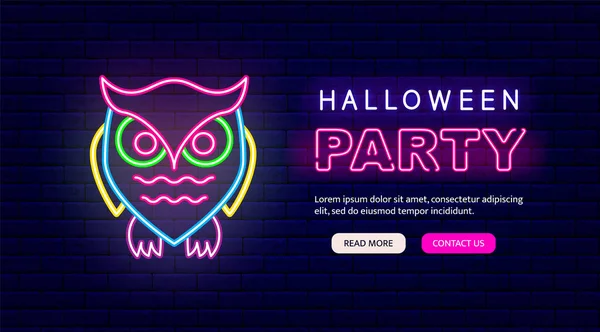 Halloween Party Neon Greeting Card Colorful Neon Owl Icon Night — Stock Vector