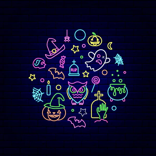 Happy Halloween Circle Neon Layout Красочные Брит Иконы Ночная Вывеска — стоковый вектор