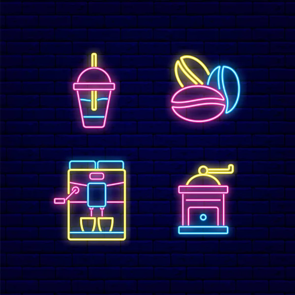 Cocktail Kaffeetasse Und Bohnen Neon Licht Icon Set Barista Maschine — Stockvektor