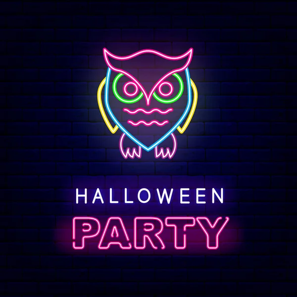 Halloween Party Owl Neon Greeting Card Night Bright Signboard Outer — Stock Vector