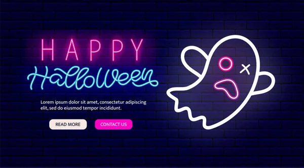 Feliz Folheto Halloween Ícone Fantasma Néon Sinalização Noite Brilhante Banner — Vetor de Stock