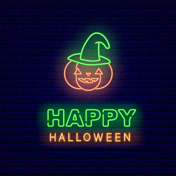 Tökfej Boszorkány Kalap Neon Tárgyakkal Boldog Halloweent Éjszakai Jelzőtábla Külső — Stock Vector