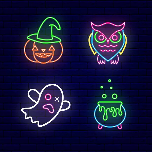 Colección Iconos Neón Halloween Búho Fantasma Caldero Calabaza Bruja Letrero — Vector de stock