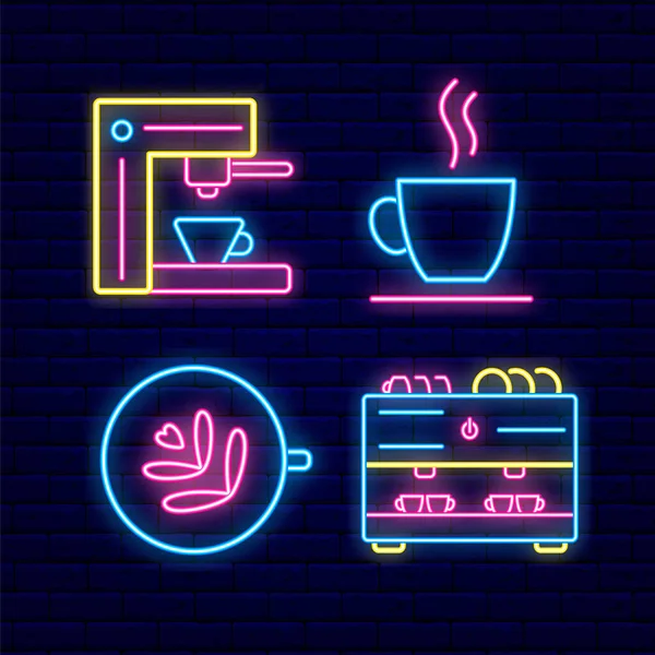 Barista Espressomaschine und Kaffeetasse Neonlicht-Set. Nächtliches helles Schild. Vektorillustration — Stockvektor