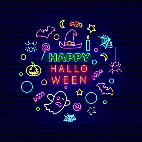 Šťastný Halloween kruhu neonové uspořádání s ikonami řádek. Barevný jasný text ikony. Izolovaná ilustrace vektorové zásoby — Stockový vektor