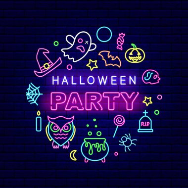 Cadılar Bayramı Partisi daire düzeni neon levhası. Yazılı gece aydınlığı düzeni. Düzenlenebilir felç. İzole vektör illüstrasyonu