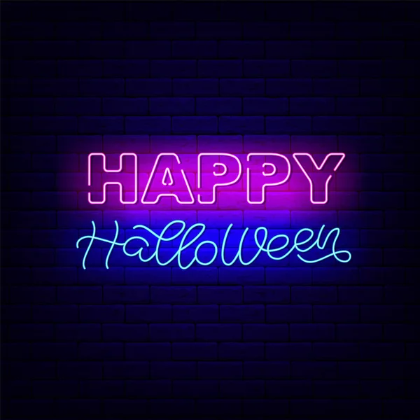 Feliz Halloween neon neon luz letras. Sinalização de noite brilhante. Banner de efeito brilhante. Ilustração vetorial isolada —  Vetores de Stock