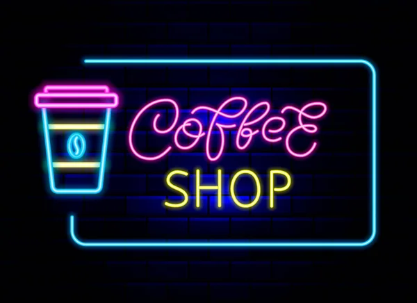 Koffie Winkel Neon Banner Een Heldere Flyer Koffie Kopje Gaan — Stockvector