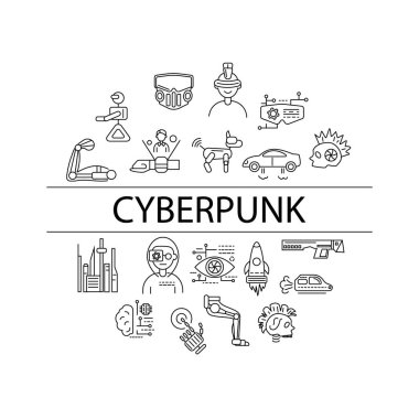 Siberpunk konsept çember düzeni, ana hatları simgeler ve manşet metinleri. Gelecekçi şehir. Özelleştirilebilir semboller. Düzenlenebilir felç. İzole vektör stok illüstrasyonu