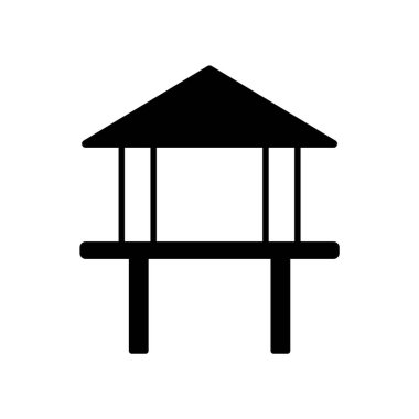 Ayaklıklar üzerindeki ev sembol. Maldivler mimarisi. Tropik tatil köyü. Siyah doldurulmuş sembol. İzole vektör stok illüstrasyonu