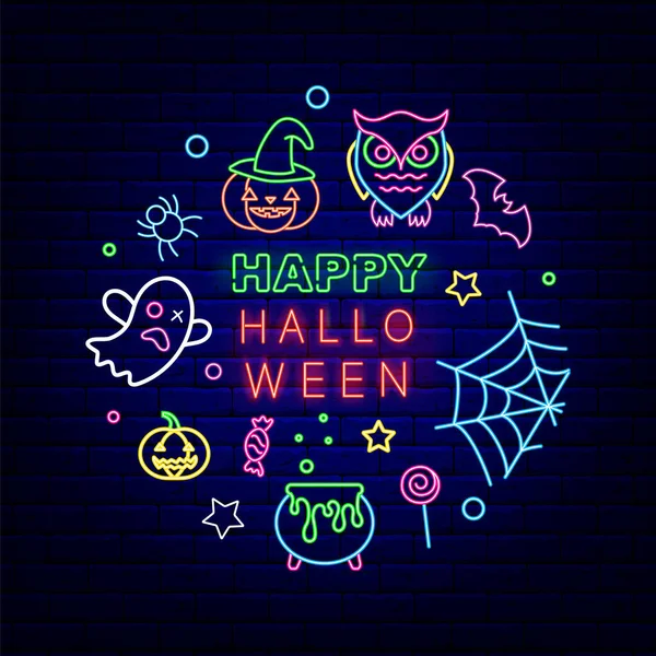 Buon Halloween Cerchio Layout Volantino Neon Notte Brillante Promozione Esterno — Vettoriale Stock