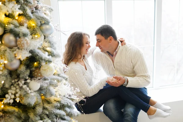 Portrait Couple Love Sitting Hugging Christmas Tree — Stock Photo, Image