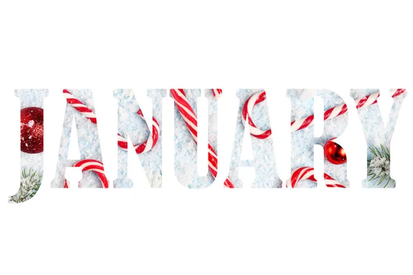 Word January Isolated White Letters Snow Candies Background — Stock Photo, Image