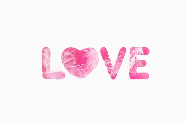爱情一词是用粉色羽毛制成的 背景是白色的 — 图库照片