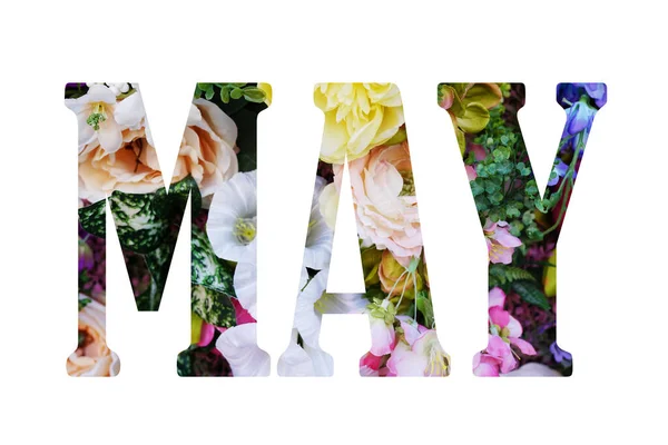 Letras Florales Mayo Texto Elegante Flores Rosadas Aisladas Sobre Fondo — Foto de Stock