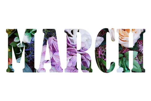 Listy Kwiatowe Tekst Marsz Wykonany Kolorowych Kwiatów Zdjęcie Wiosna — Zdjęcie stockowe