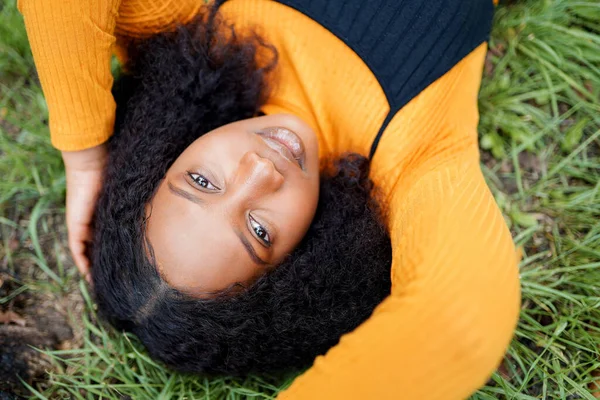 Cute Black Woman Laying Grass Park — Stock Photo, Image