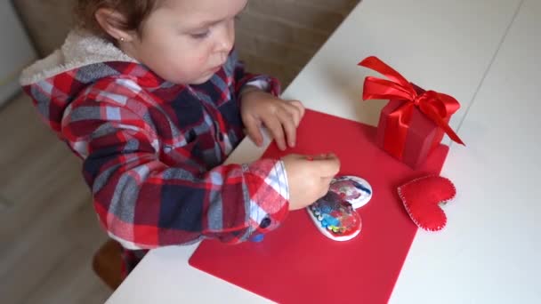 Little Child Girl Decorates Handmade Valentine Heart Paints Children Diy — Stock Video