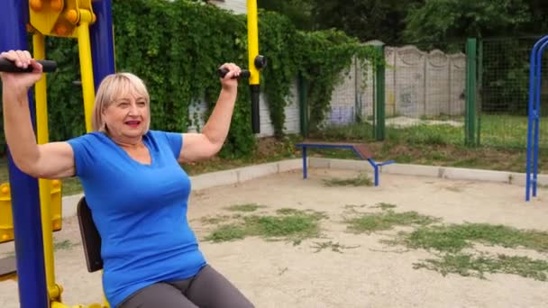 Cheerful Aged Woman Fitness Wear Doing Exercises Park — Stock Video