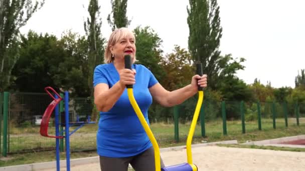 Glad Mogen Kvinna Fitness Slitage Gör Övningar Med Parken — Stockvideo