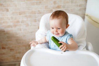 Çocuk salatalık yiyor. İştah açıcı vitaminler. Çocuklar için sağlıklı yiyecekler. Sandalyedeki sevimli bebek. Boşluğu kopyala