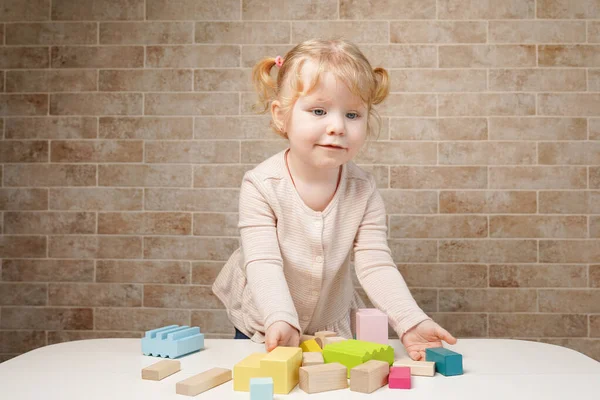 Criança Adorável Brincando Com Brinquedos Construção Madeira Casa — Fotografia de Stock