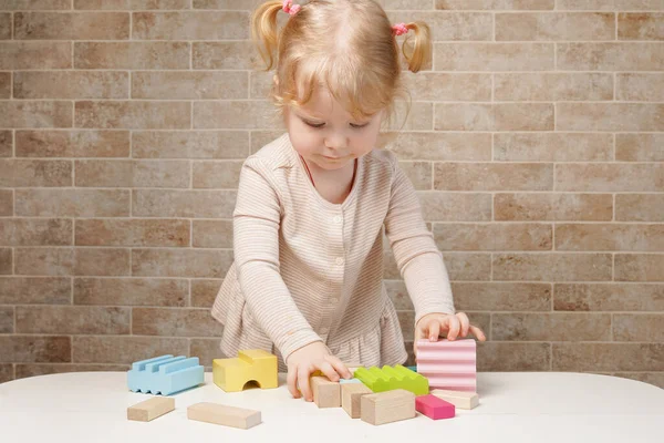 Adorable Niño Jugando Con Juguetes Construcción Madera Casa — Foto de Stock