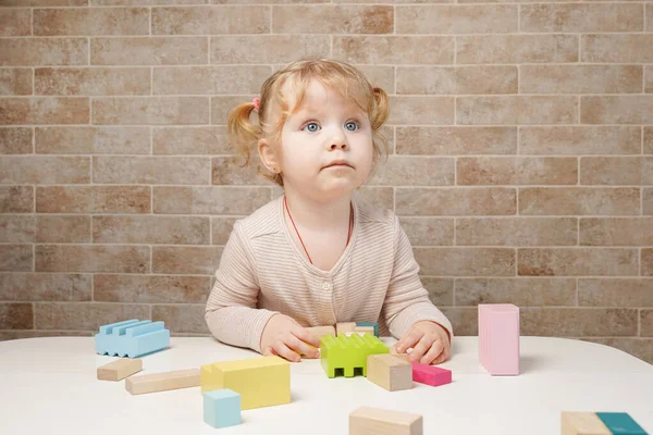 Criança Adorável Brincando Com Brinquedos Construção Madeira Casa — Fotografia de Stock