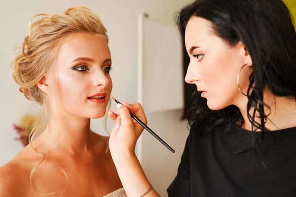 Professional Female Makeup Artist Applying Cosmetics Model Face Use Brush — Stock Photo, Image