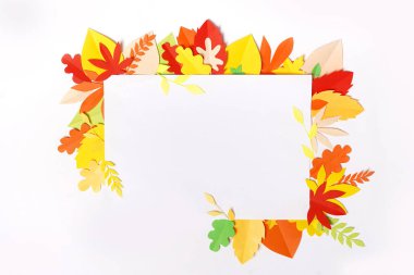 Renkli sonbahar kağıt çerçeve dökülen yapraklar, kırmızı ve sarı dekorasyonlar, kopyalama alanı olan beyaz arkaplan
