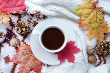 Sonbahar kompozisyonu, sıcak kahve, eşarp, fındık ve yapraklı. Sıcak sabah kavramı, rahatlık, rahatlık, melankolik, sonbahar havası, ev.