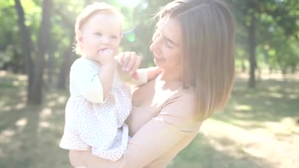 Happy Harmonious Family Outdoors Mother Her Baby Playing Summer Nature — Stock Video