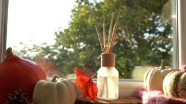 Sonbahar Kokusu. Bambu çubukları ayırıcı. Cam şişede mis kokulu hava temizleme sıvısı ve düşen yapraklar. Hygge Koku, Aromaterapi, Sağlık Konsepti