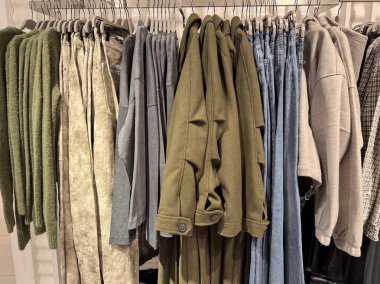 Bir elbise askılığı, renklerine göre düzenlenmiş koordineli yeşil, bej, gri ve kot parçalarını gösterir