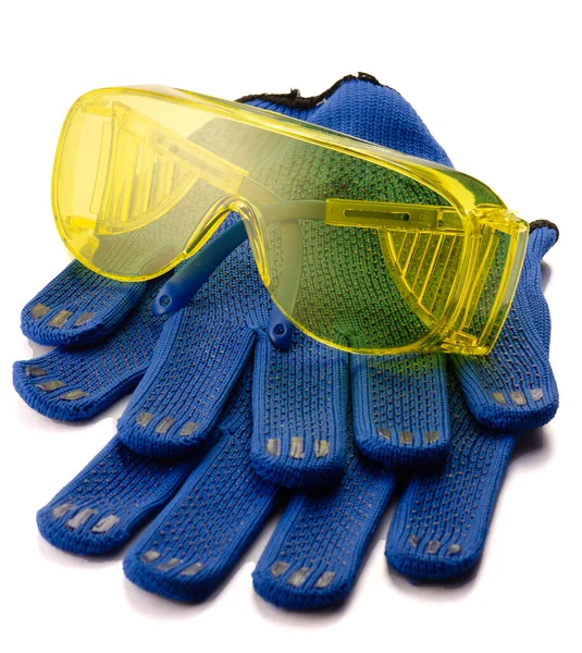 Žluté Bezpečnostní Brýle Rukavice Izolované Bílém Pozadí — Stock fotografie